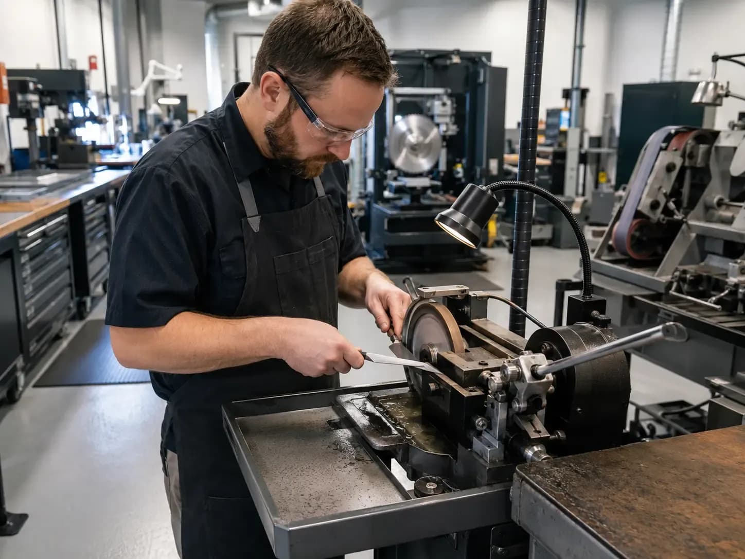 Weiders Hardware associate sharpening a blade on a sharpening machine