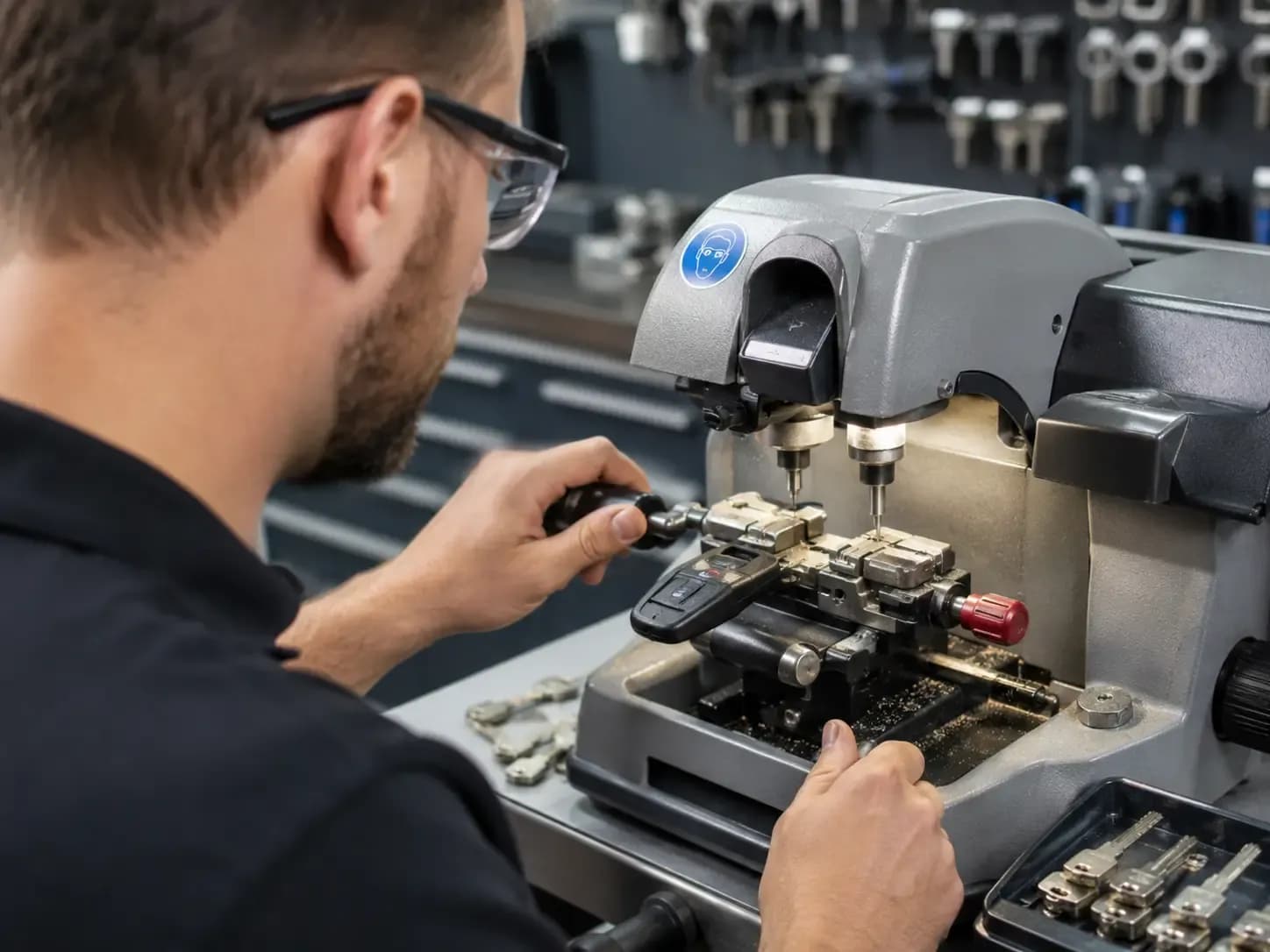 Weiders associate cutting and programming a car key at the Brighton store in Rochester, NY
