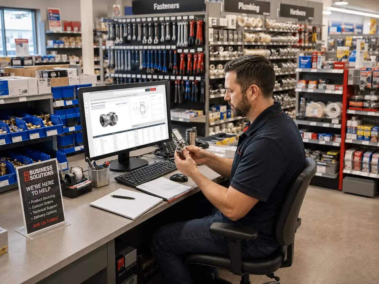 Weiders Hardware associate researching a custom sourcing and special order