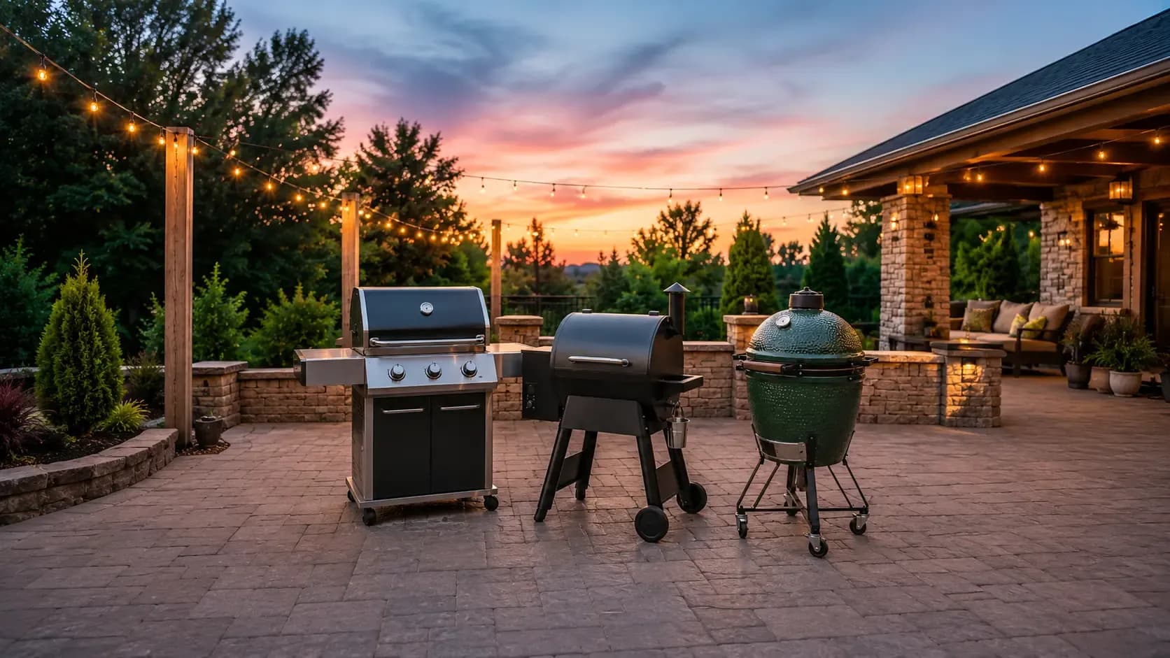 Gas grill, pellet smoker, anOutdoor patio grill setup featuring grills sold at Weiders Hardwared ceramic kamado grill arranged on a landscaped patio under string lights at sunset.
