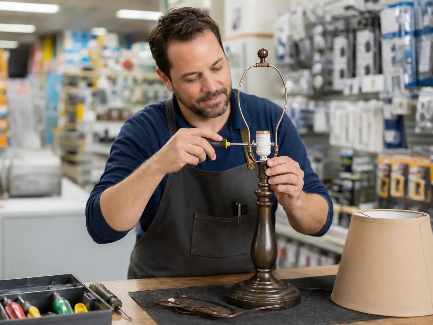 Weiders technician rewiring a table lamp socket at the Brighton store