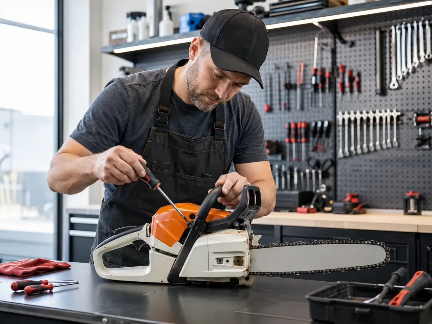 Weiders Hardware technician servicing outdoor power equipment in the repair shop