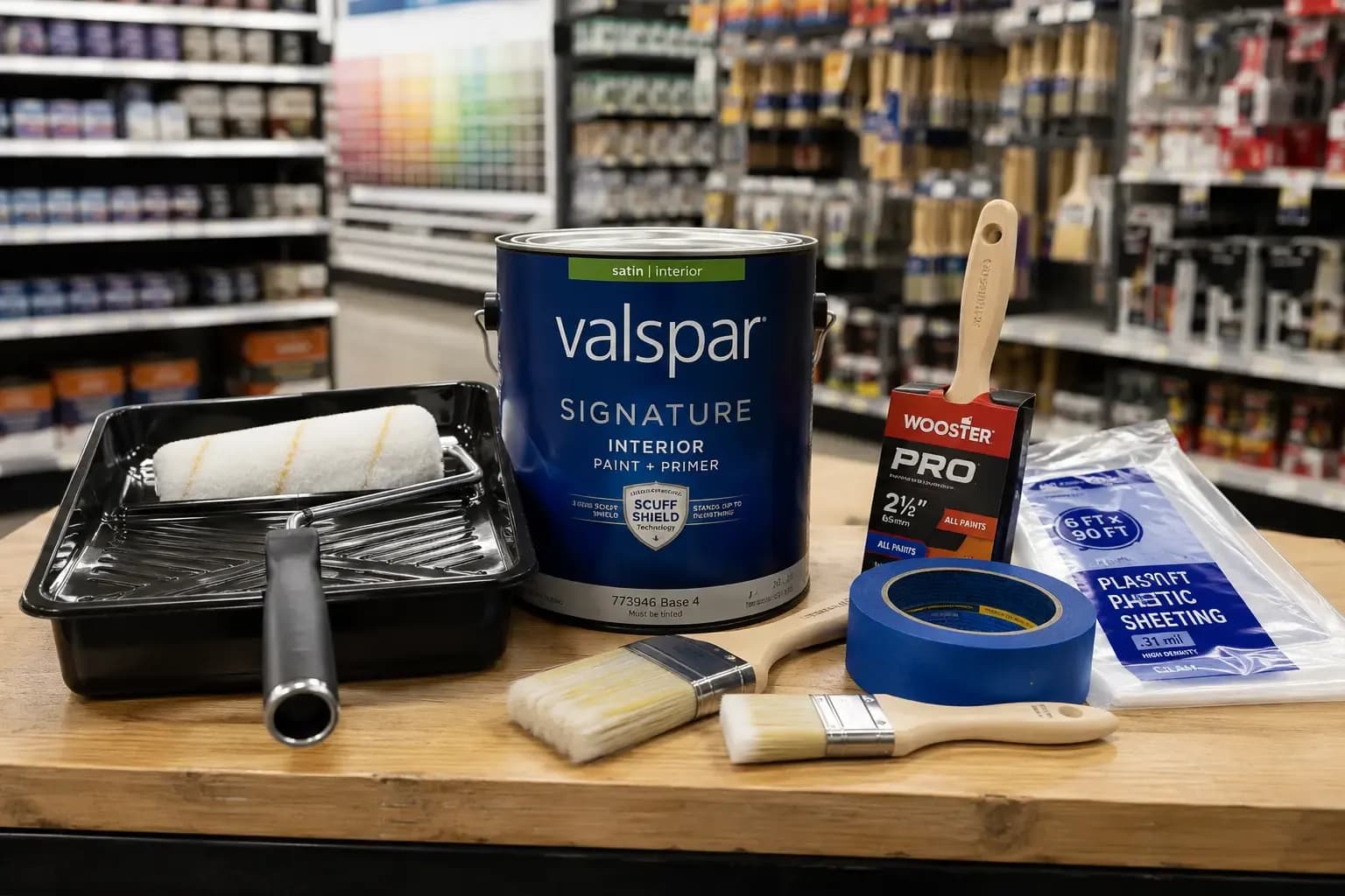 Valspar paint cans and roller in the paint department at Weiders Hardware