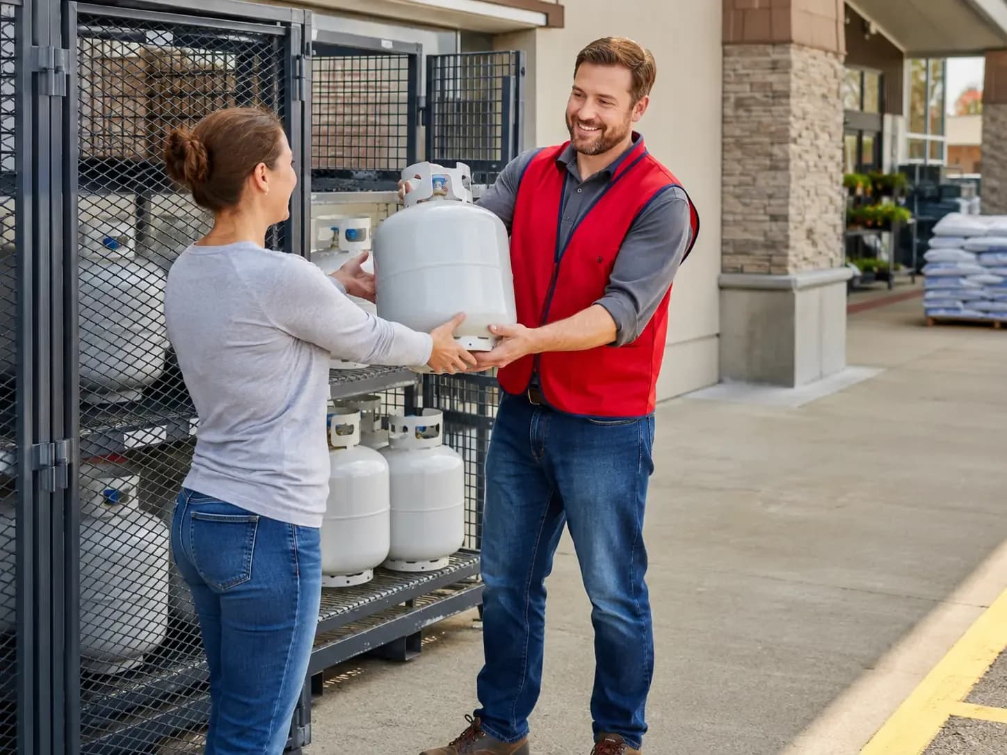 Weiders Hardware associate exchanging a propane tank with a customer