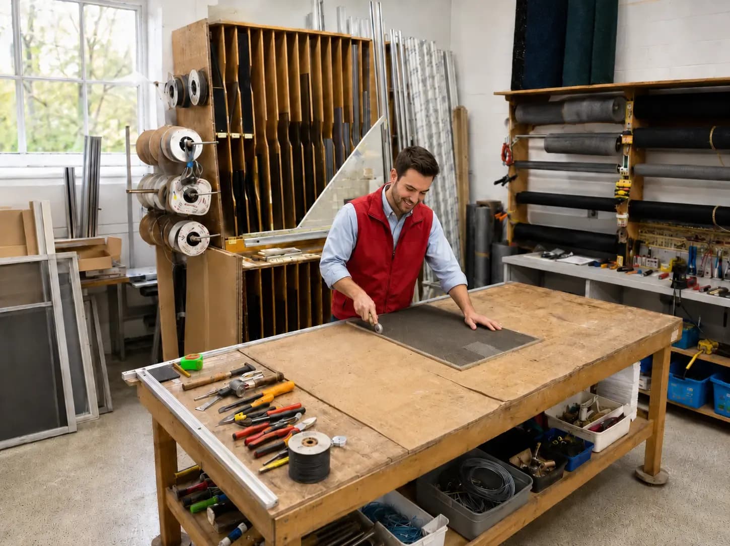 Weiders Hardware associate repairing a window screen