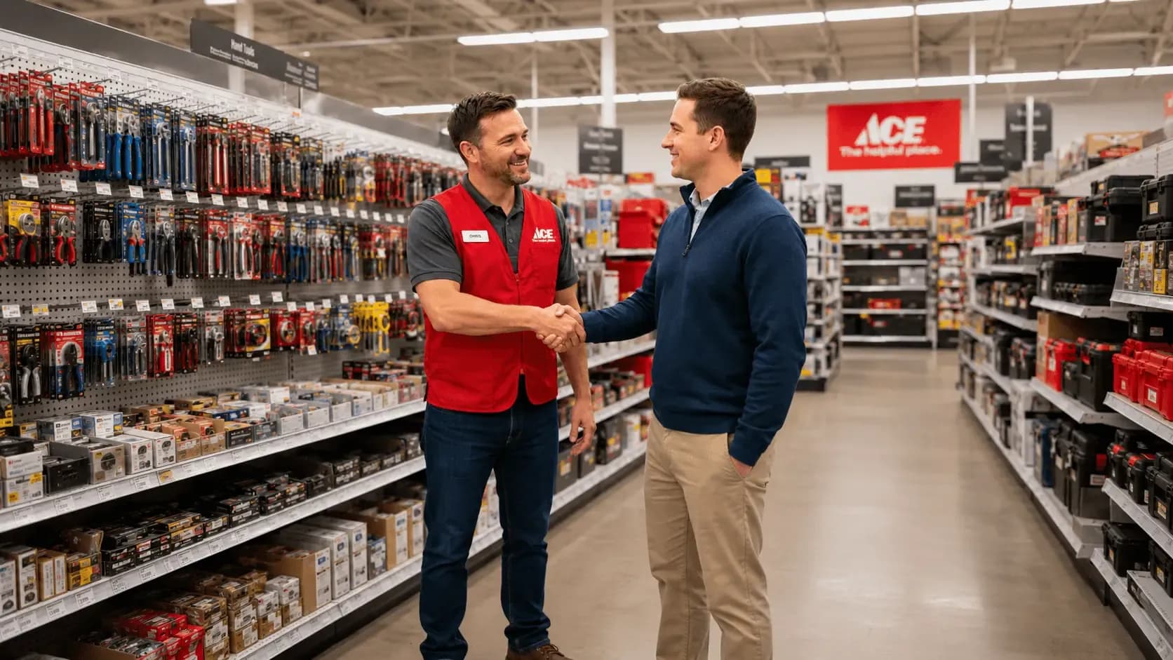 Ace Hardware employee inWeiders Hardware team members collaborating in the store aisle a red vest shaking hands with a customer in a well-stocked hardware aisle.