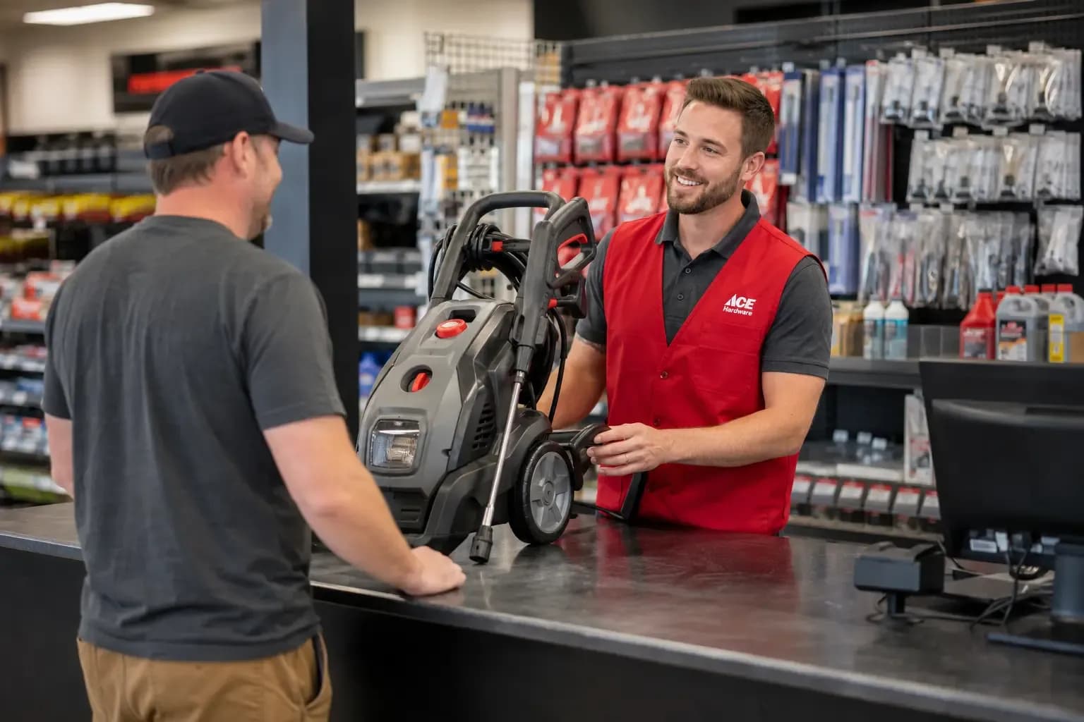 Weiders Hardware associate helping a customer rent tool and equipment