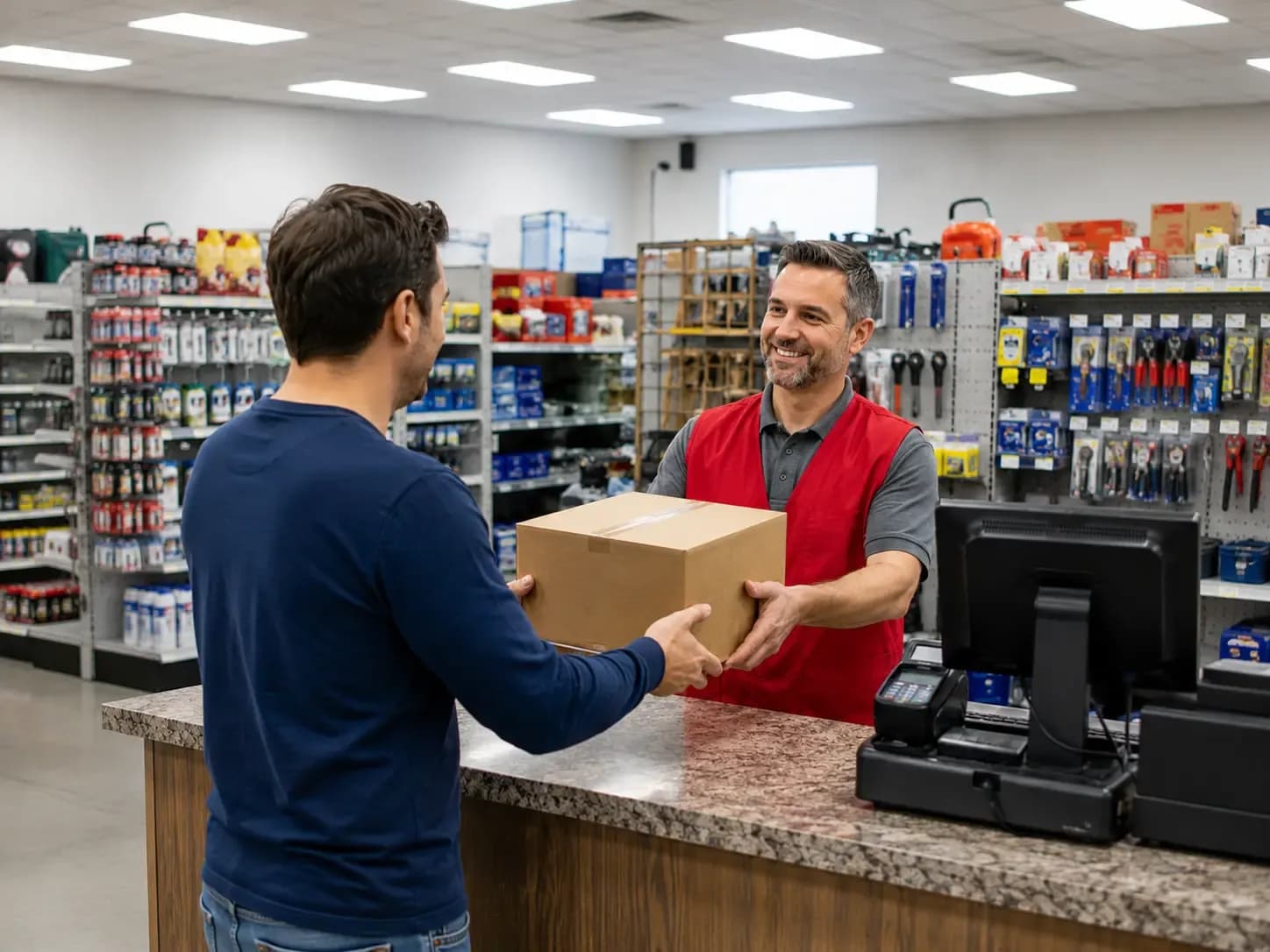 Customer dropping off a UPS package at Weiders Hardware