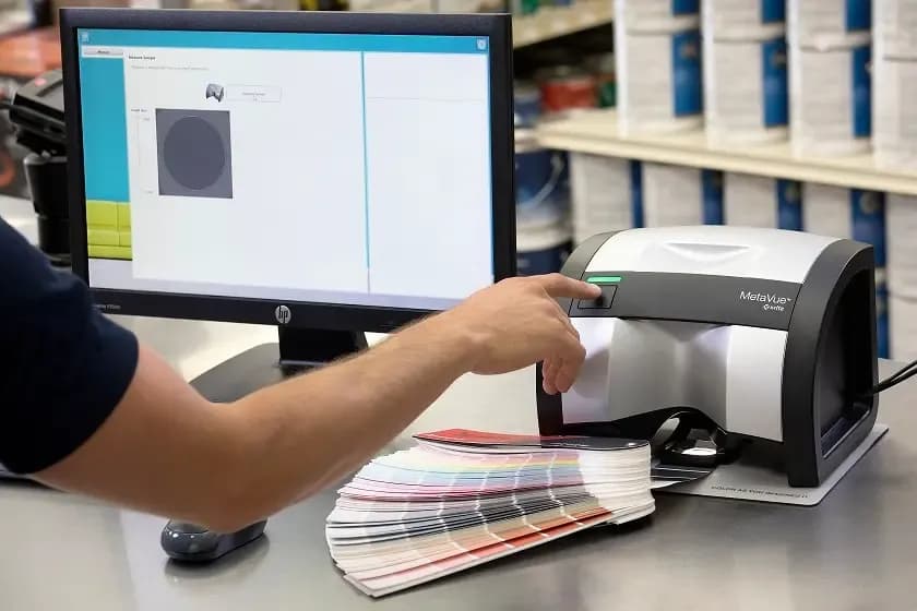 Weiders associate matching a paint color with a spectrophotometer at the paint counter