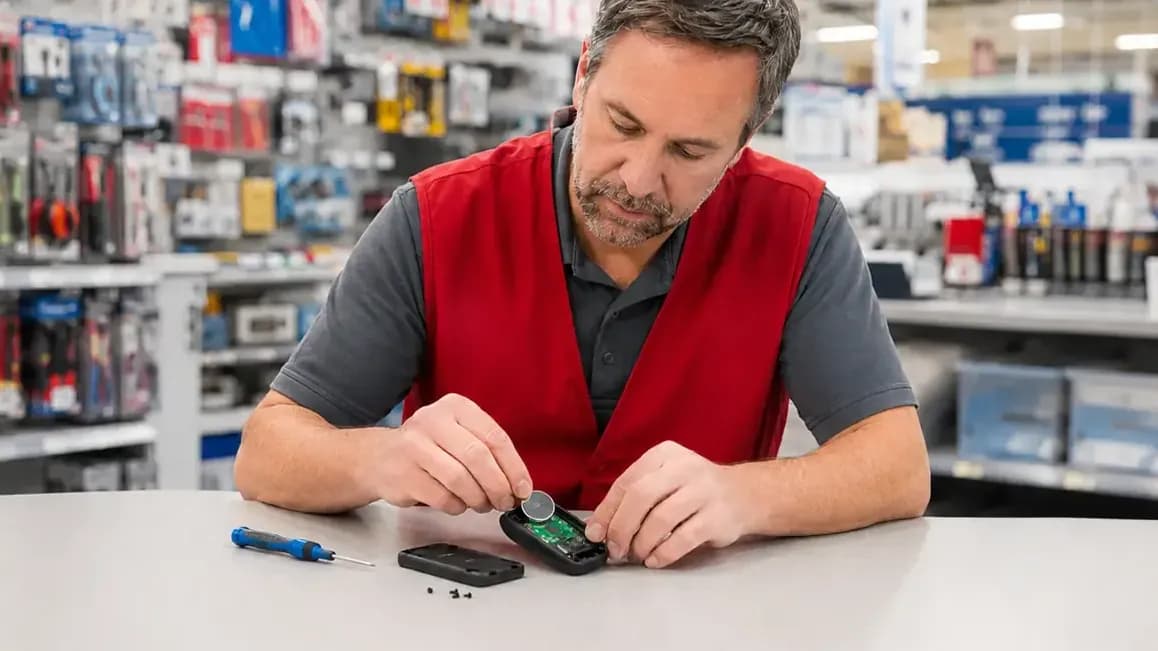 Weiders Hardware associate replacing a battery in a key fob remote