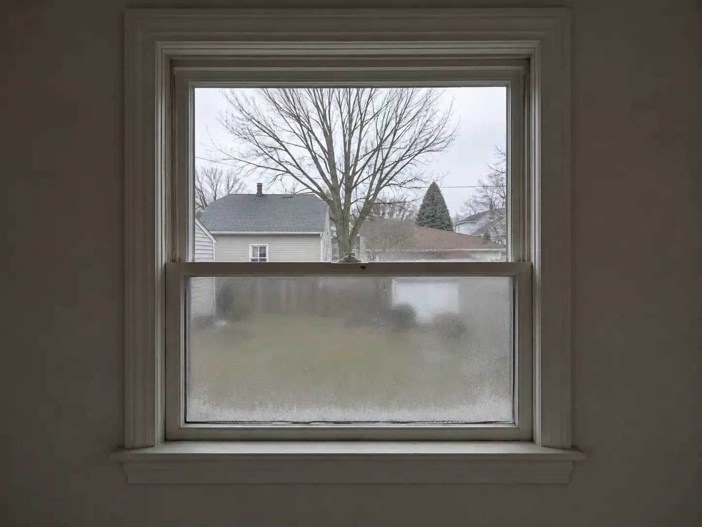 A foggy thermal pane window.