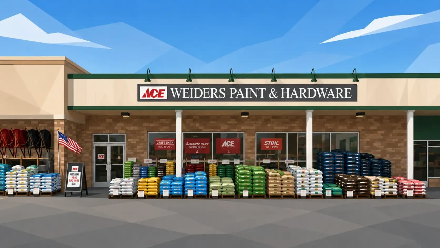 Geometric illustration of WIllustrated storefront artwork of Weiders Hardware's Honeoye Falls, NY locationeiders Ace Hardware in Honeoye Falls, with colorful bags of soil and mulch stacked across the storefront beneath the main entrance sign.